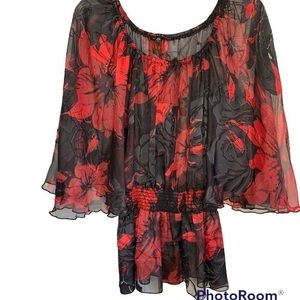 Helene Black black and red rose sheer top